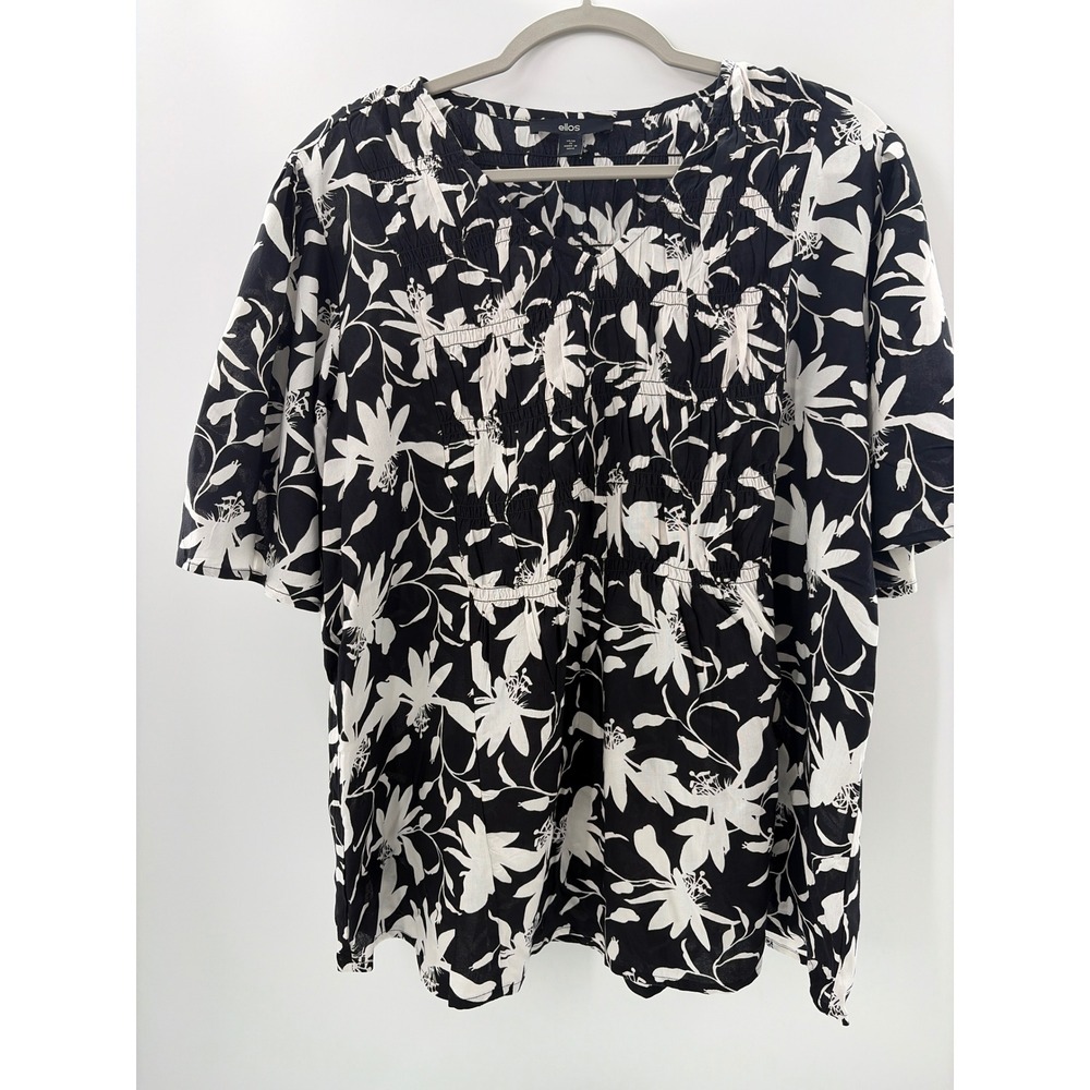 Ellos Women Black White Floral Smocked Square Neck Blouse Top Size 14/16 M